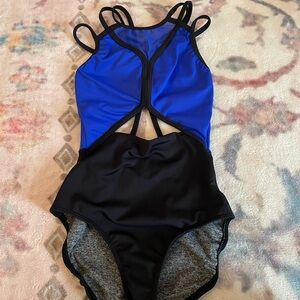 Vibrant Blue and Black Kids One Piece Dance Leotard
